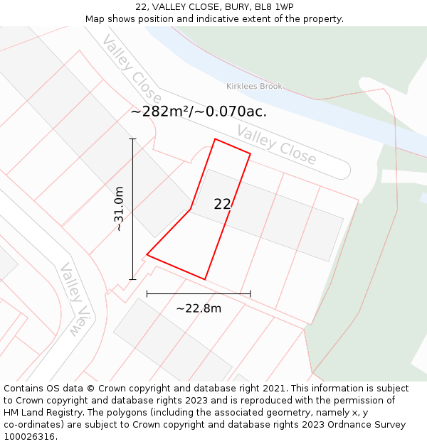 22, VALLEY CLOSE, BURY, BL8 1WP: Plot and title map