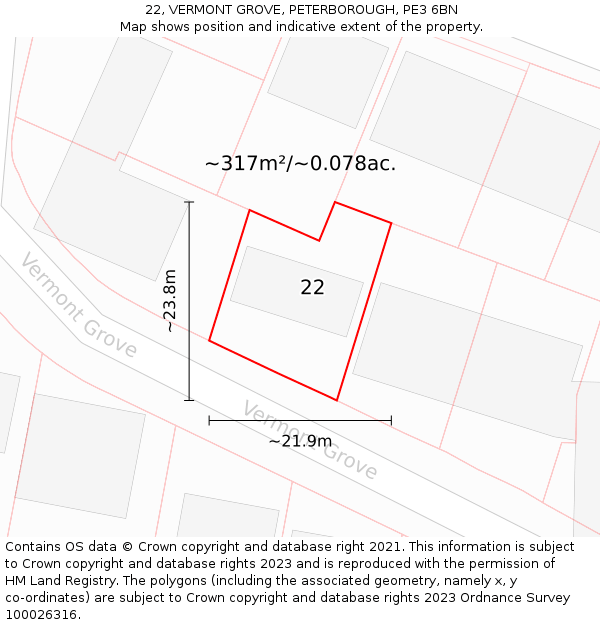 22, VERMONT GROVE, PETERBOROUGH, PE3 6BN: Plot and title map