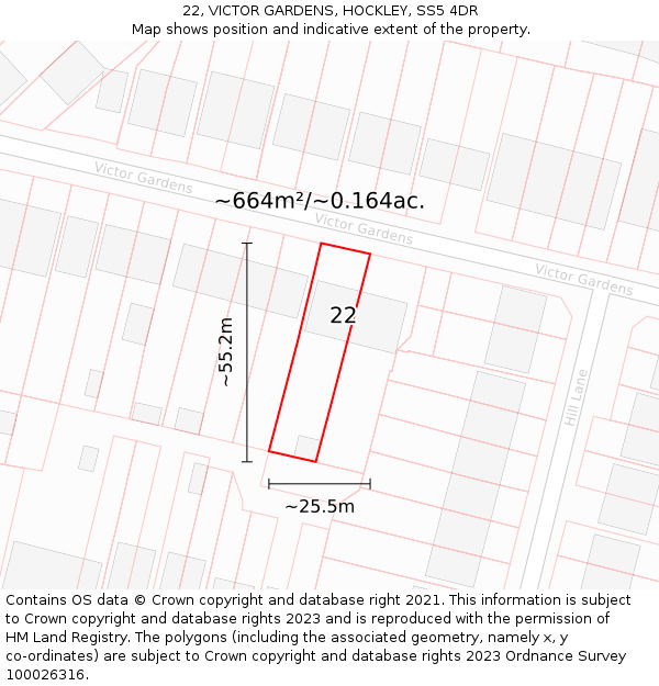 22, VICTOR GARDENS, HOCKLEY, SS5 4DR: Plot and title map