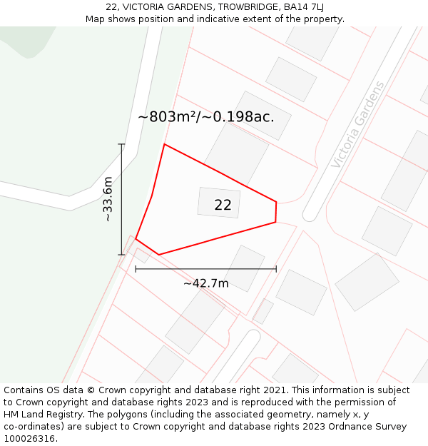 22, VICTORIA GARDENS, TROWBRIDGE, BA14 7LJ: Plot and title map