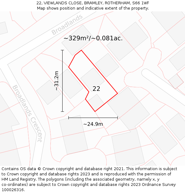 22, VIEWLANDS CLOSE, BRAMLEY, ROTHERHAM, S66 1WF: Plot and title map