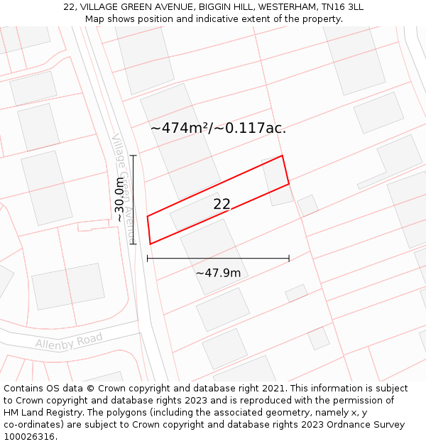 22, VILLAGE GREEN AVENUE, BIGGIN HILL, WESTERHAM, TN16 3LL: Plot and title map