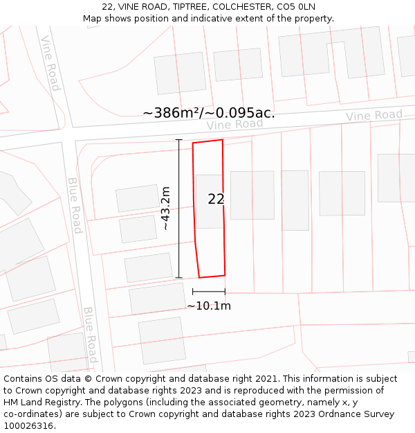 22, VINE ROAD, TIPTREE, COLCHESTER, CO5 0LN: Plot and title map