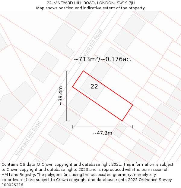 22, VINEYARD HILL ROAD, LONDON, SW19 7JH: Plot and title map