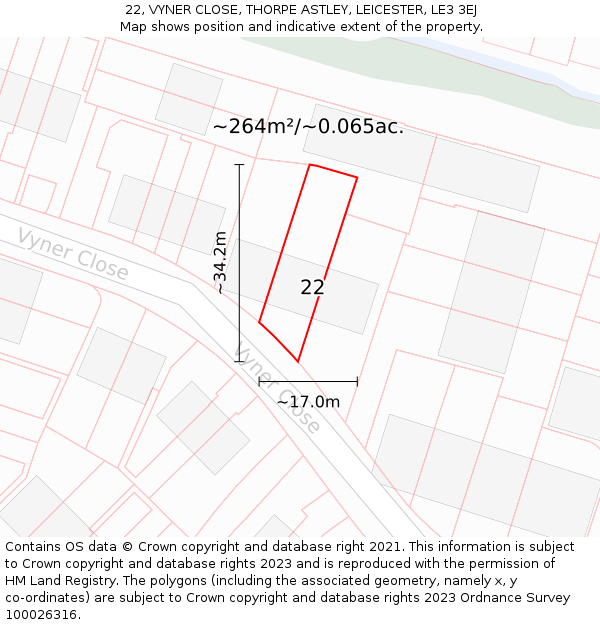 22, VYNER CLOSE, THORPE ASTLEY, LEICESTER, LE3 3EJ: Plot and title map