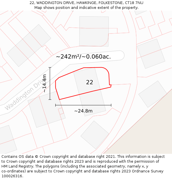 22, WADDINGTON DRIVE, HAWKINGE, FOLKESTONE, CT18 7NU: Plot and title map