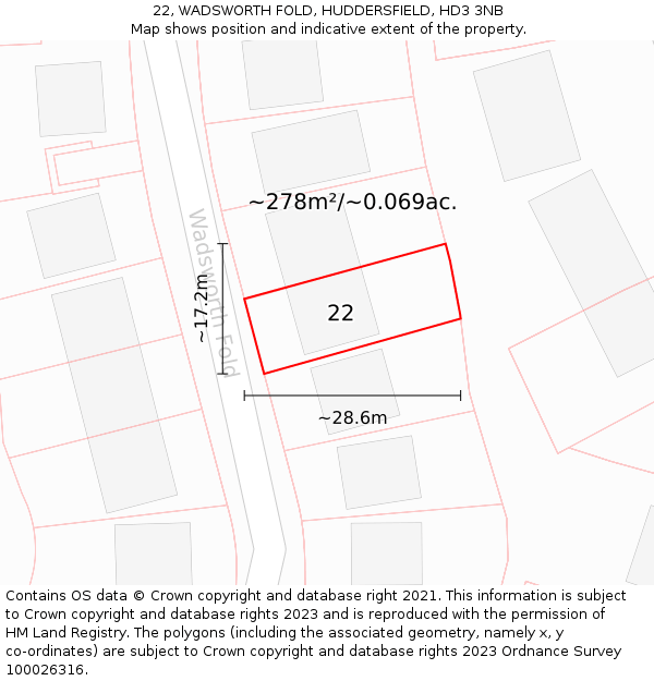 22, WADSWORTH FOLD, HUDDERSFIELD, HD3 3NB: Plot and title map