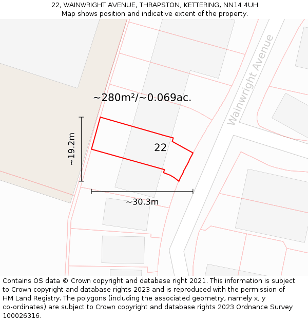 22, WAINWRIGHT AVENUE, THRAPSTON, KETTERING, NN14 4UH: Plot and title map