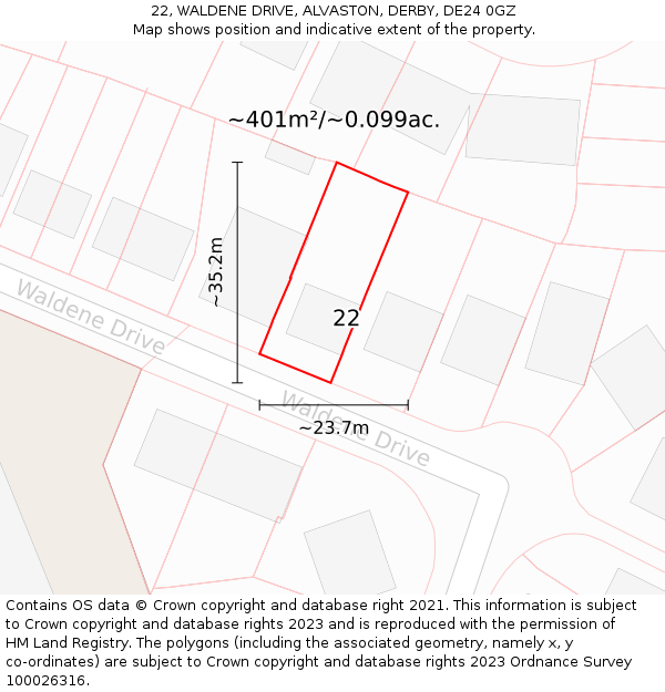 22, WALDENE DRIVE, ALVASTON, DERBY, DE24 0GZ: Plot and title map
