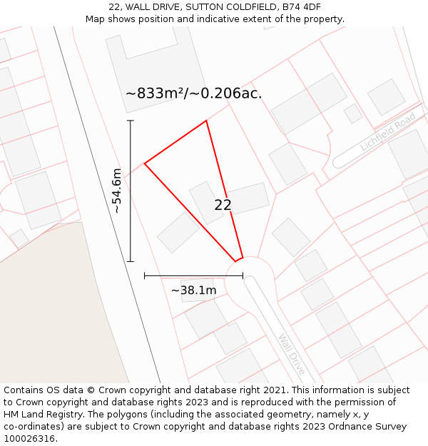 22, WALL DRIVE, SUTTON COLDFIELD, B74 4DF: Plot and title map