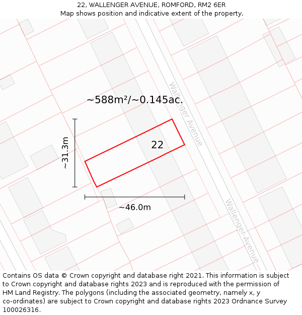 22, WALLENGER AVENUE, ROMFORD, RM2 6ER: Plot and title map