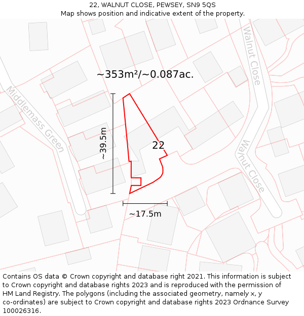 22, WALNUT CLOSE, PEWSEY, SN9 5QS: Plot and title map