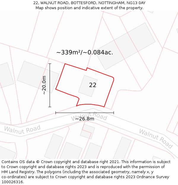 22, WALNUT ROAD, BOTTESFORD, NOTTINGHAM, NG13 0AY: Plot and title map