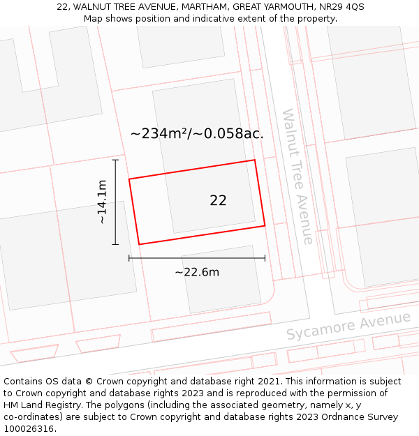 22, WALNUT TREE AVENUE, MARTHAM, GREAT YARMOUTH, NR29 4QS: Plot and title map