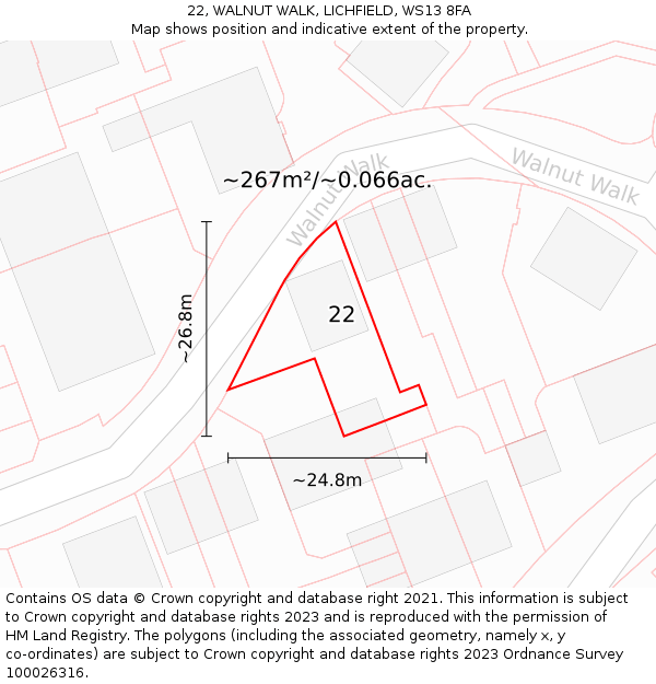 22, WALNUT WALK, LICHFIELD, WS13 8FA: Plot and title map