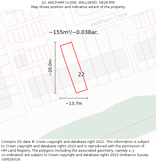 22, WALTHAM CLOSE, WALLSEND, NE28 8TA: Plot and title map