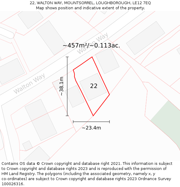 22, WALTON WAY, MOUNTSORREL, LOUGHBOROUGH, LE12 7EQ: Plot and title map