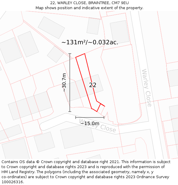 22, WARLEY CLOSE, BRAINTREE, CM7 9EU: Plot and title map