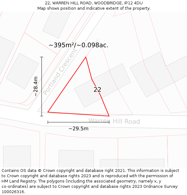 22, WARREN HILL ROAD, WOODBRIDGE, IP12 4DU: Plot and title map