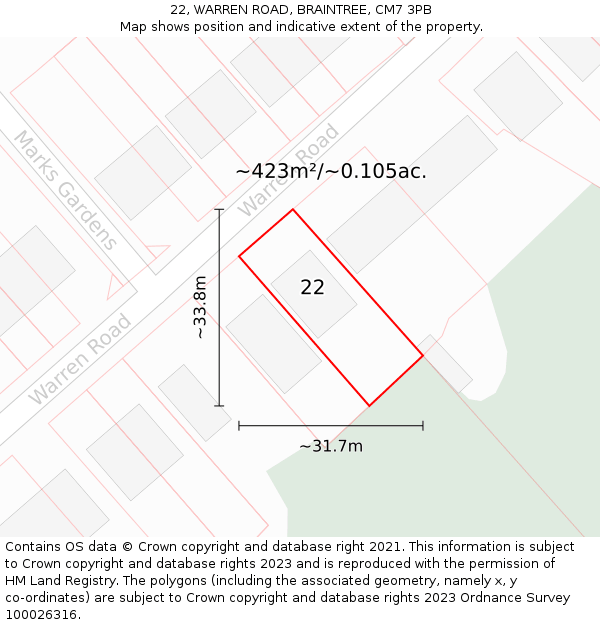 22, WARREN ROAD, BRAINTREE, CM7 3PB: Plot and title map