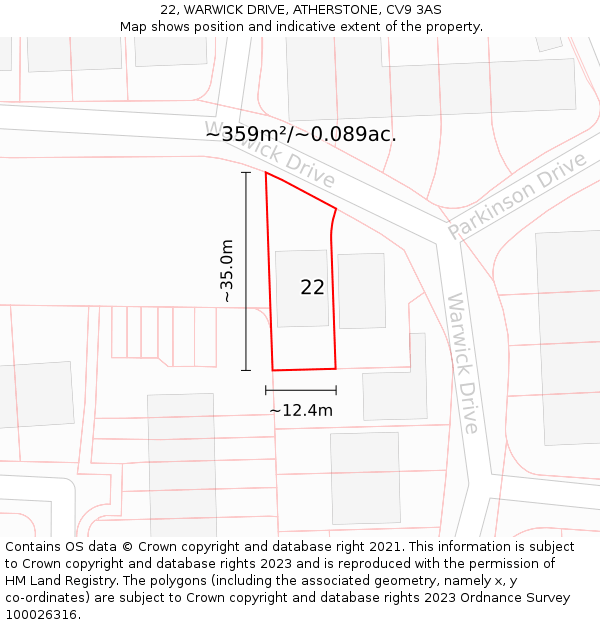 22, WARWICK DRIVE, ATHERSTONE, CV9 3AS: Plot and title map