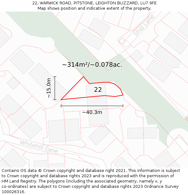 22, WARWICK ROAD, PITSTONE, LEIGHTON BUZZARD, LU7 9FE: Plot and title map