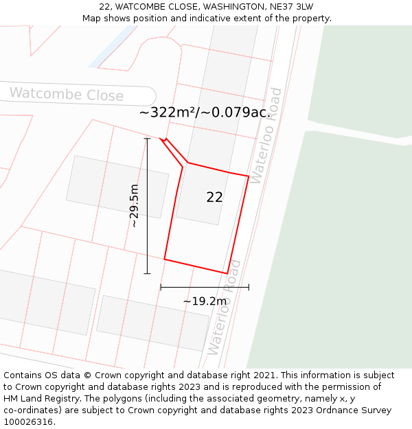 22, WATCOMBE CLOSE, WASHINGTON, NE37 3LW: Plot and title map