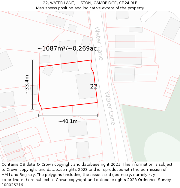 22, WATER LANE, HISTON, CAMBRIDGE, CB24 9LR: Plot and title map