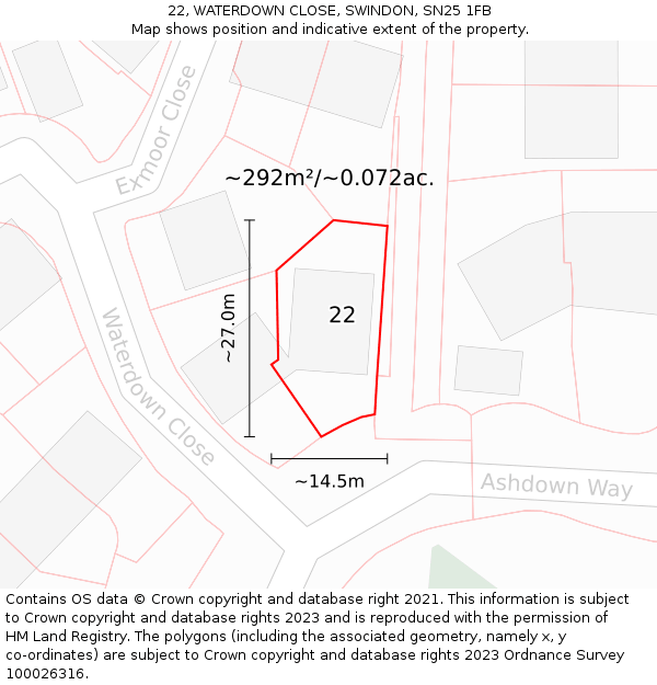 22, WATERDOWN CLOSE, SWINDON, SN25 1FB: Plot and title map