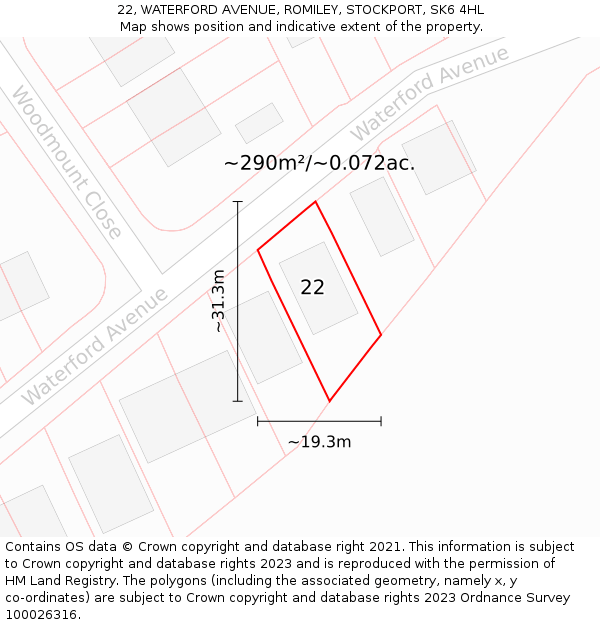 22, WATERFORD AVENUE, ROMILEY, STOCKPORT, SK6 4HL: Plot and title map