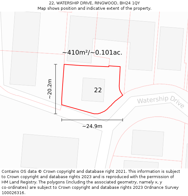 22, WATERSHIP DRIVE, RINGWOOD, BH24 1QY: Plot and title map