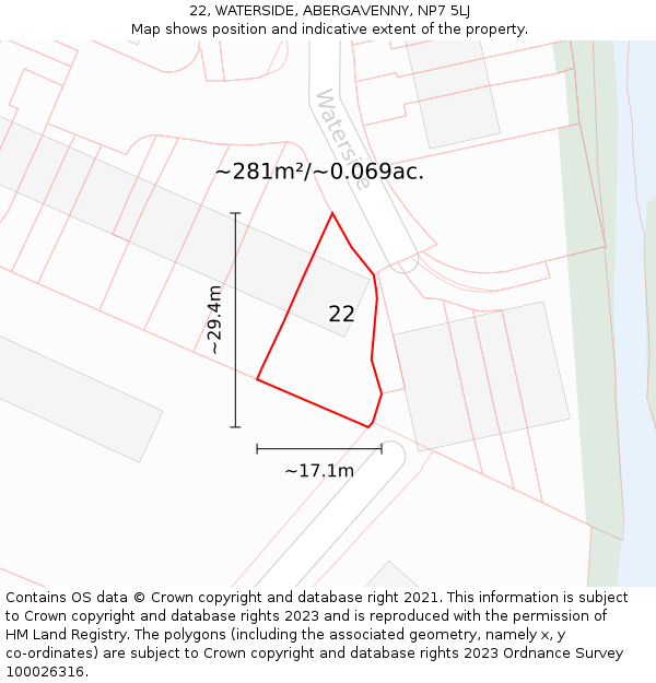 22, WATERSIDE, ABERGAVENNY, NP7 5LJ: Plot and title map