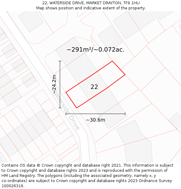 22, WATERSIDE DRIVE, MARKET DRAYTON, TF9 1HU: Plot and title map
