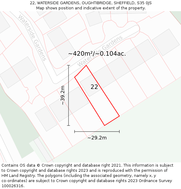 22, WATERSIDE GARDENS, OUGHTIBRIDGE, SHEFFIELD, S35 0JS: Plot and title map