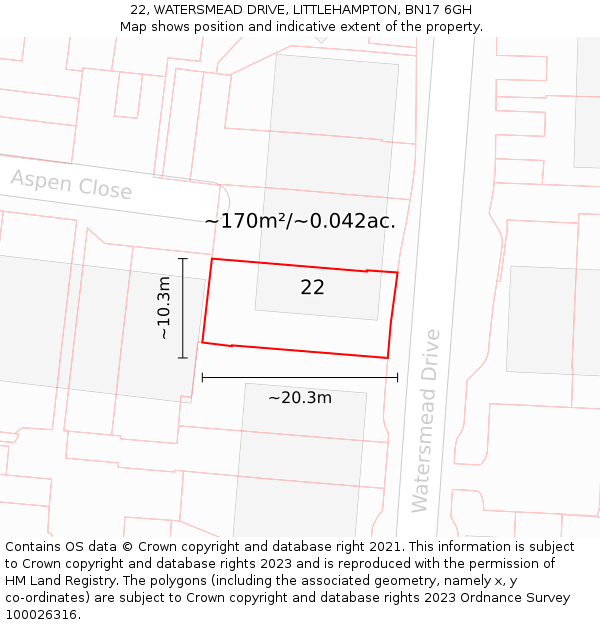 22, WATERSMEAD DRIVE, LITTLEHAMPTON, BN17 6GH: Plot and title map