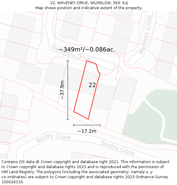 22, WAVENEY DRIVE, WILMSLOW, SK9 3UJ: Plot and title map