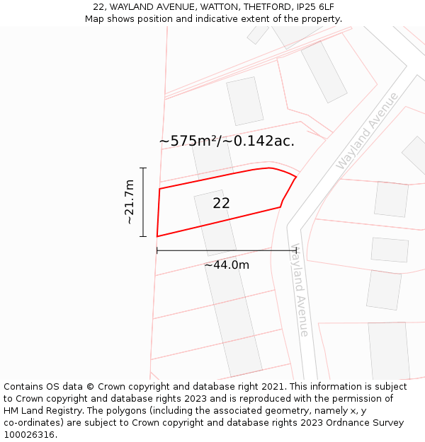 22, WAYLAND AVENUE, WATTON, THETFORD, IP25 6LF: Plot and title map