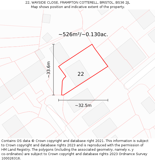 22, WAYSIDE CLOSE, FRAMPTON COTTERELL, BRISTOL, BS36 2JL: Plot and title map