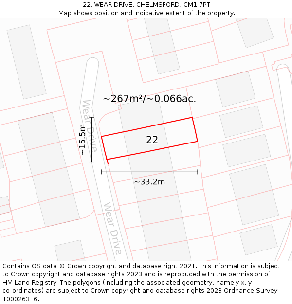 22, WEAR DRIVE, CHELMSFORD, CM1 7PT: Plot and title map