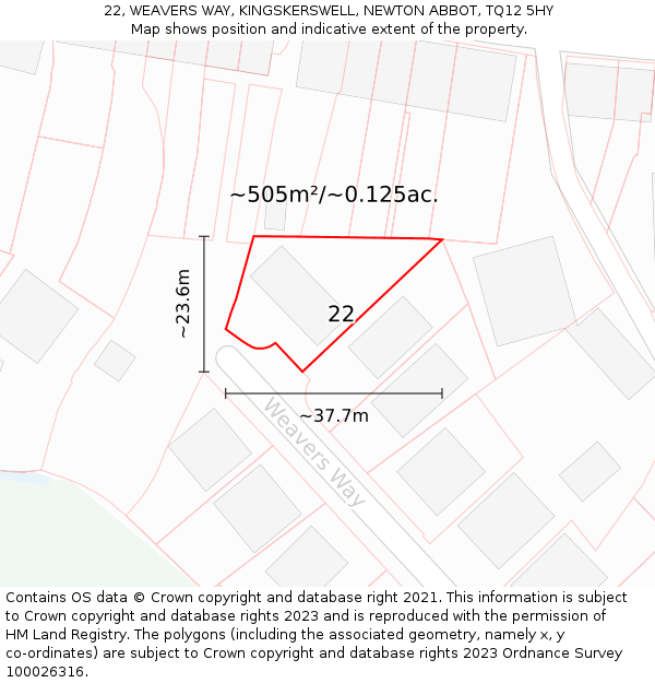 22, WEAVERS WAY, KINGSKERSWELL, NEWTON ABBOT, TQ12 5HY: Plot and title map