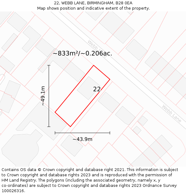 22, WEBB LANE, BIRMINGHAM, B28 0EA: Plot and title map