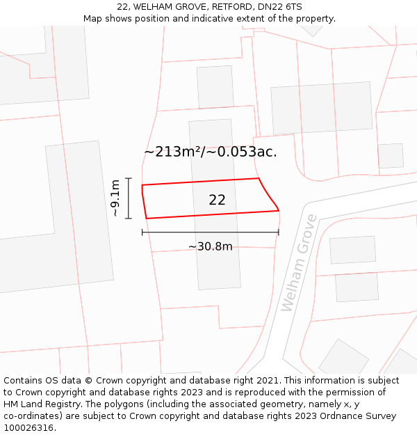 22, WELHAM GROVE, RETFORD, DN22 6TS: Plot and title map