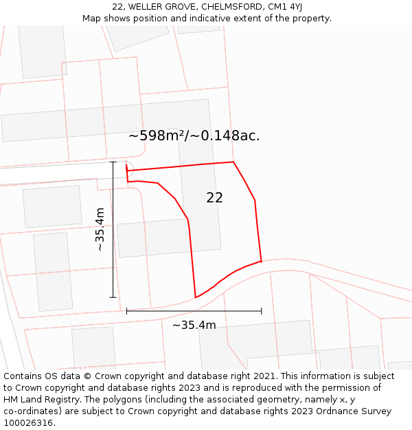 22, WELLER GROVE, CHELMSFORD, CM1 4YJ: Plot and title map