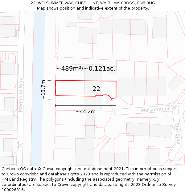 22, WELSUMMER WAY, CHESHUNT, WALTHAM CROSS, EN8 0UG: Plot and title map