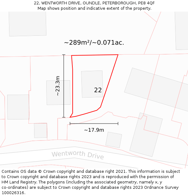 22, WENTWORTH DRIVE, OUNDLE, PETERBOROUGH, PE8 4QF: Plot and title map
