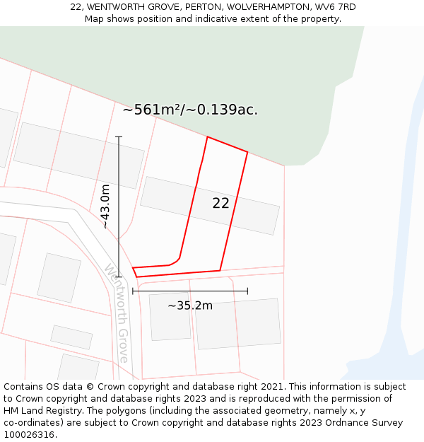 22, WENTWORTH GROVE, PERTON, WOLVERHAMPTON, WV6 7RD: Plot and title map