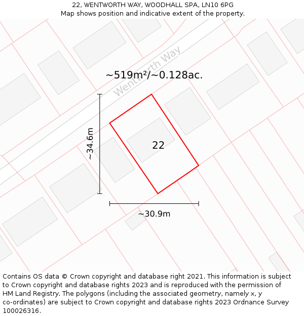 22, WENTWORTH WAY, WOODHALL SPA, LN10 6PG: Plot and title map