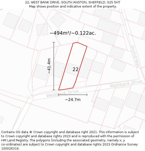 22, WEST BANK DRIVE, SOUTH ANSTON, SHEFFIELD, S25 5HT: Plot and title map