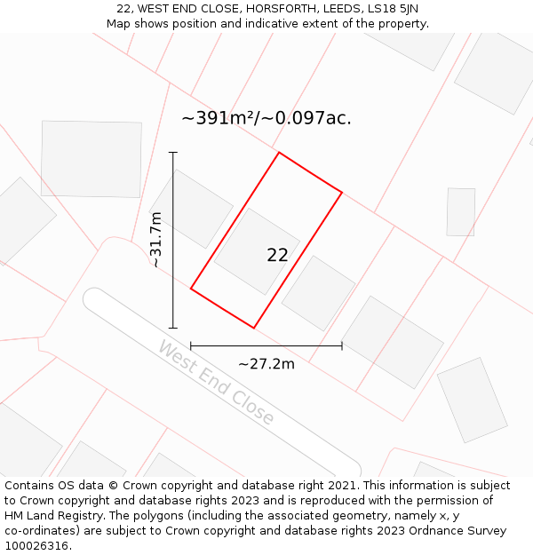 22, WEST END CLOSE, HORSFORTH, LEEDS, LS18 5JN: Plot and title map