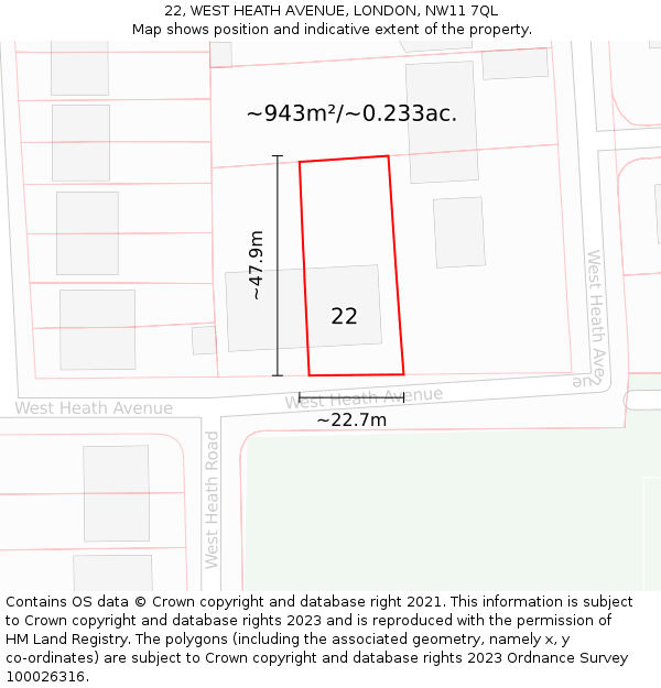 22, WEST HEATH AVENUE, LONDON, NW11 7QL: Plot and title map